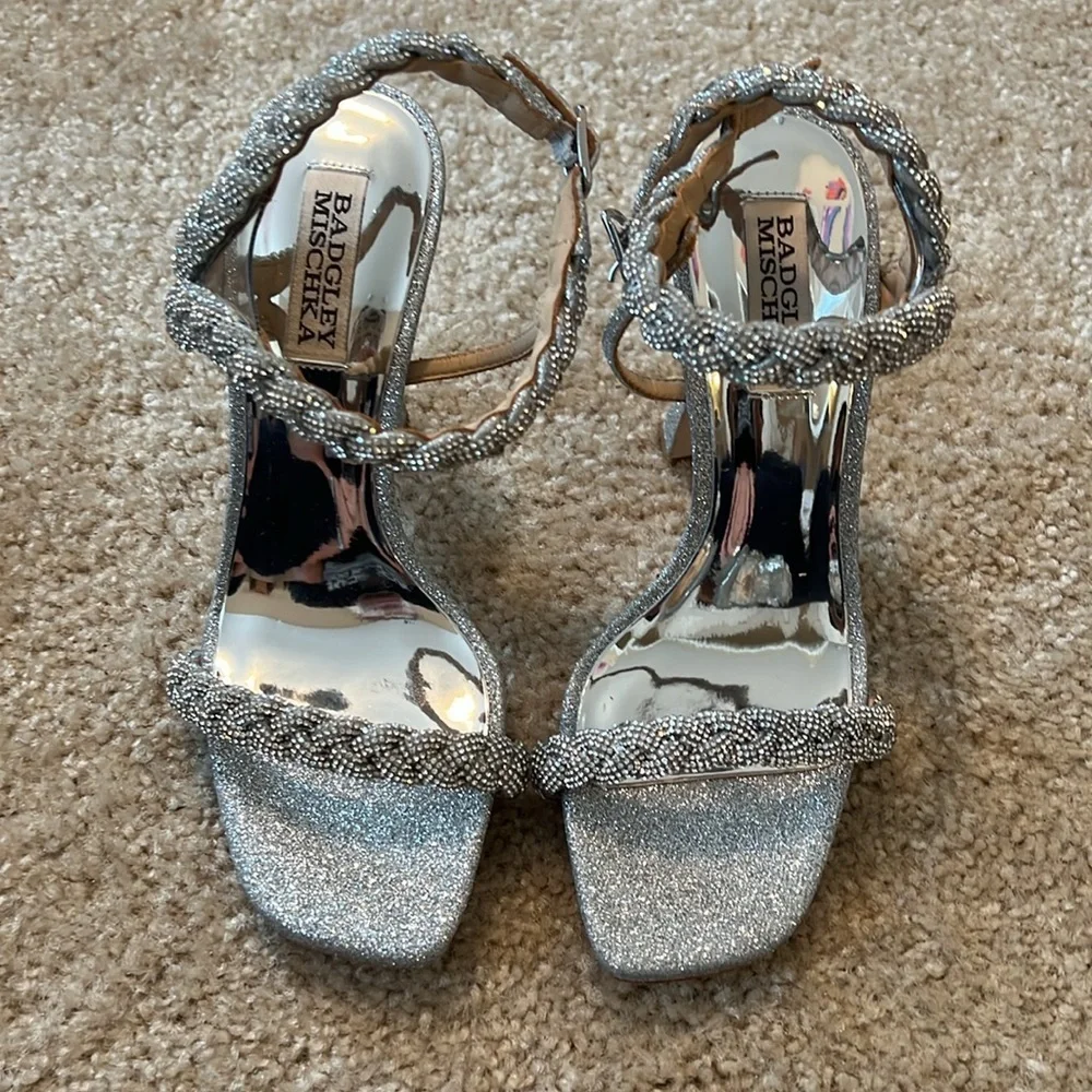 Badgley Mischka Fennel Heels rhinestone braided ankle strap silver glitter 7